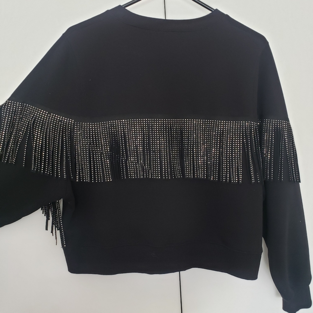 ZARA black crewneck fringe crystal sweatshirt